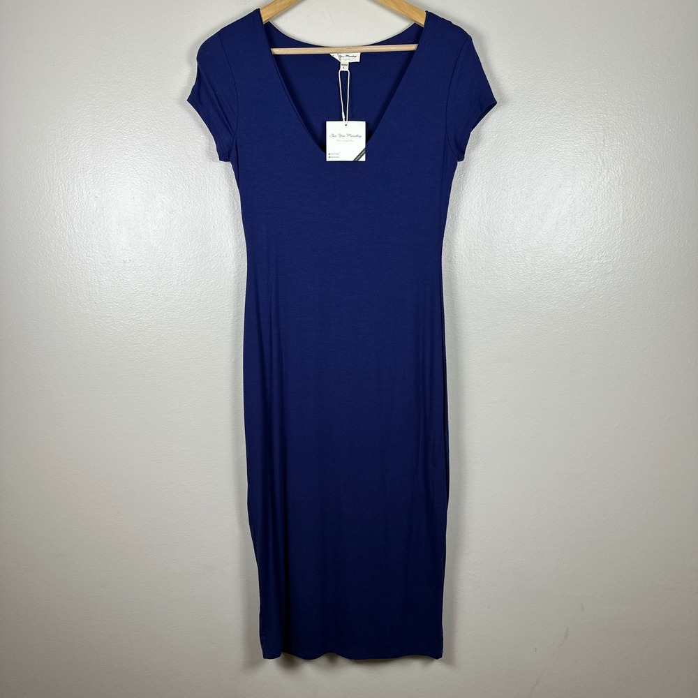 See You Monday Women's L Midi Dress Navy Blue V-Neck Bodycon NEW